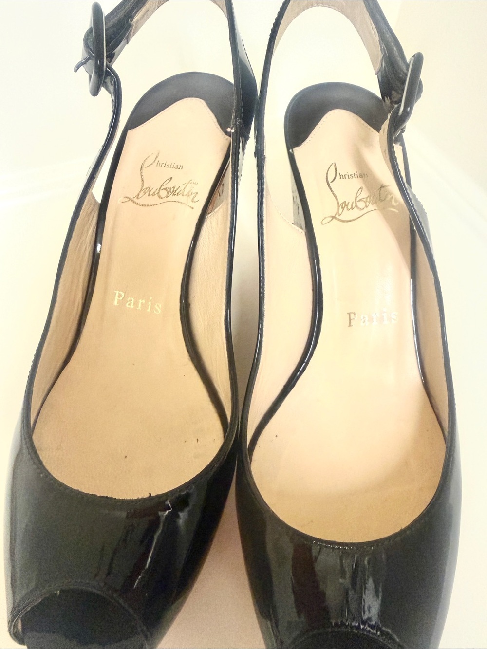 Christian Louboutin Une Plume Black Patent Leather  Cork Wedge Slingback sz 36.5